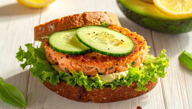 Delicious Salmon Burger with Fresh Vegetables and Avocado.