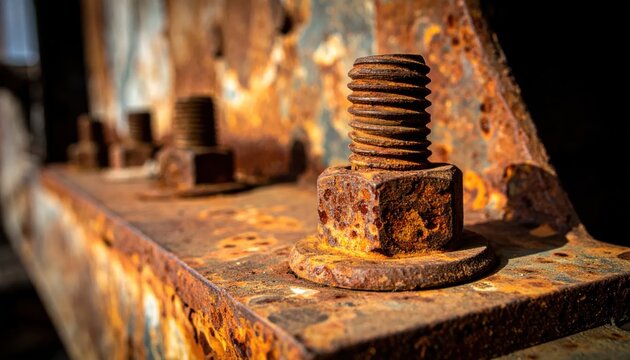 Close-up of a rusted bolt and nut on a weathered metal surface.