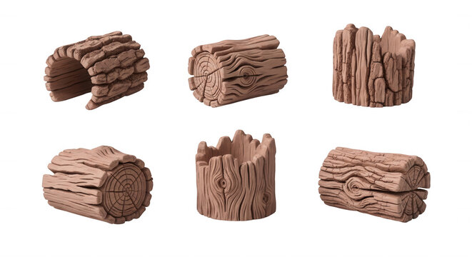set of six realistic wooden logs against a white backdrop for forest nature craft or design projects