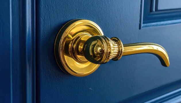 Close-up of a golden door handle on a blue door.