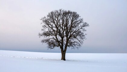 Fototapeta premium Solitary tree stands starkly against a winter landscape, snow-covered field.