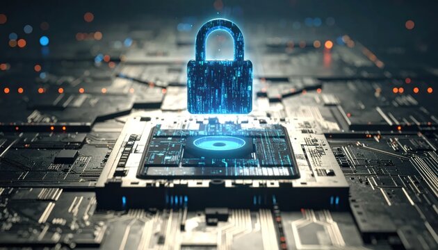 Cybersecurity lock on computer chip, digital security concept.