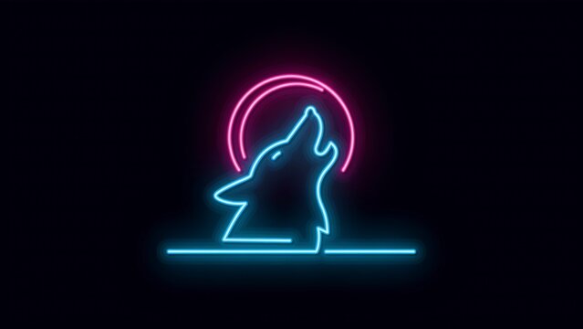 Neon outline of a howling wolf silhouette against a pink moon
