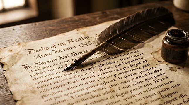 Handwritten declaration of independence on aged parchment with quill pen, vintage historical document draft with inkwell and feather for signing, perfect for folklore day