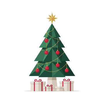 Decorated Christmas Tree With Red Ornaments, Gold Star and Wrapped Gifts on Black Background