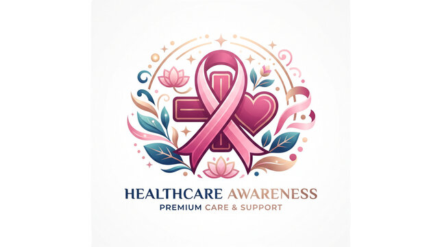 Healthcare Awareness Pink Ribbon Logo With Heart and Medical Cross Floral Design for Breast Cancer Support