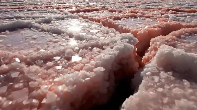 Close-up view of a pink salt flat with cracks and sunlight creating a stunning natural landscape