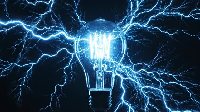 Glowing blue light bulb emitting bright electrical discharge and neural filaments, high contrast glass bulb with energy patterns and static lightning on solid black background.
