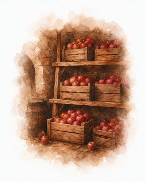 Watercolor rustic cellar with wooden crates of fresh red apples on shelves, autumn harvest storage in stone root cellar with barrel