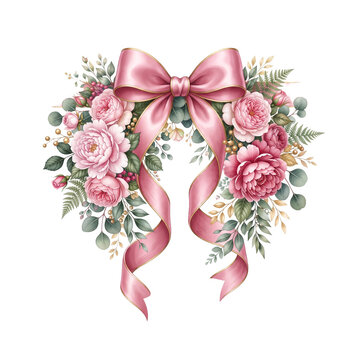 Pink Ribbon Bow With Rose Bouquet and Greenery Floral Arrangement On Black Background