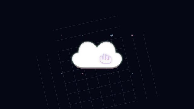 Hand icon interacting with a glowing cloud symbol on a digital grid background