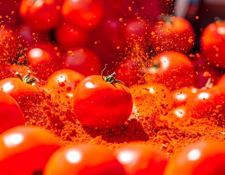 Dynamic close-up of tomatoes exploding mid-air in a dramatic action scene at La Tomatina Festival, Spain.