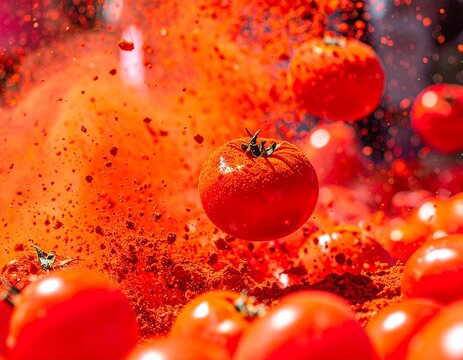 Ultra-fast shutter capture of flying ripe tomatoes during the iconic La Tomatina tomato fight in Bu&ntilde;ol, Spain.