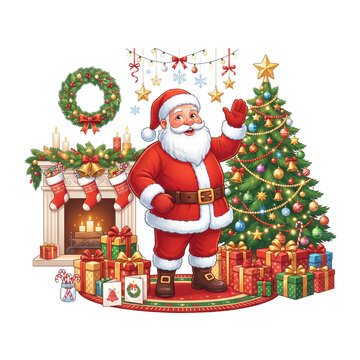 Santa Claus Waving Beside Decorated Christmas Tree With Gifts Fireplace Wreath And Holiday Ornaments