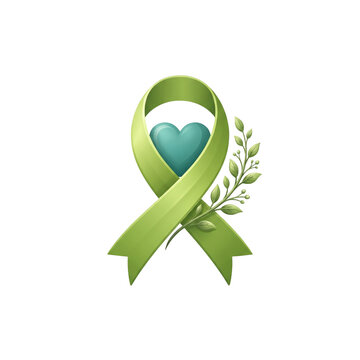 Green Awareness Ribbon With Heart And Laurel Branch Symbolizing Health, Support, Hope And Environmental Care