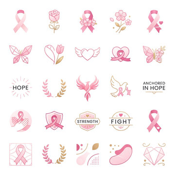 Breast Cancer Awareness Pink Ribbon Icons and Floral Elements Set for Hope and Support