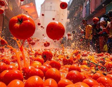 Cinematic high-speed image of ripe tomatoes colliding and exploding during La Tomatina Festival in Spain.