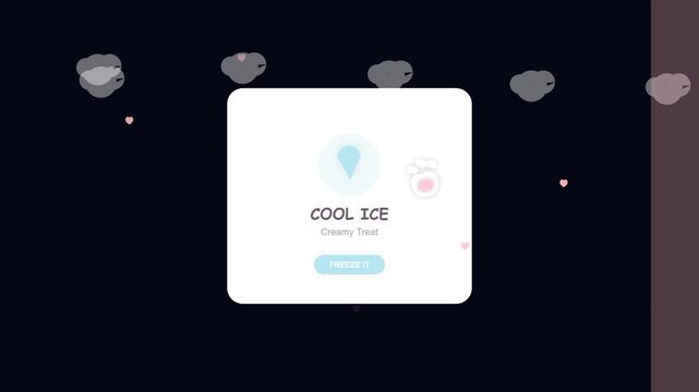 Animated dessert bakery and ice cream menu cards sliding on dark background