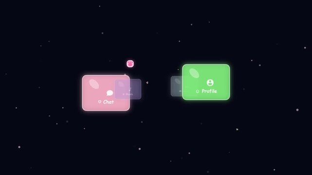 Animated digital interface with floating neon menu icons and buttons