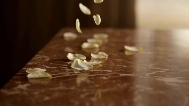 Pale flower petals descending and settling on polished brown marble tabletop under warm window light