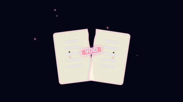 Animated document page with a void stamp appearing on a dark background
