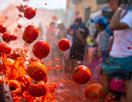 Powerful freeze-frame of tomatoes soaring and exploding mid-air amid the excitement of La Tomatina Festival in Spain.