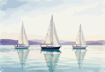 Fototapeta premium Three Sailboats Glide Across Calm Lake with Mountain Reflection
