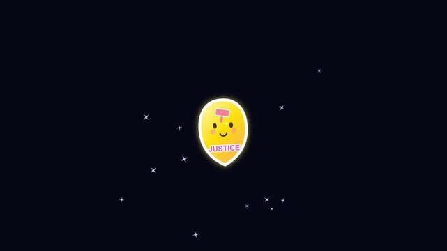 Animated yellow justice pin icon with a smiling face on dark background