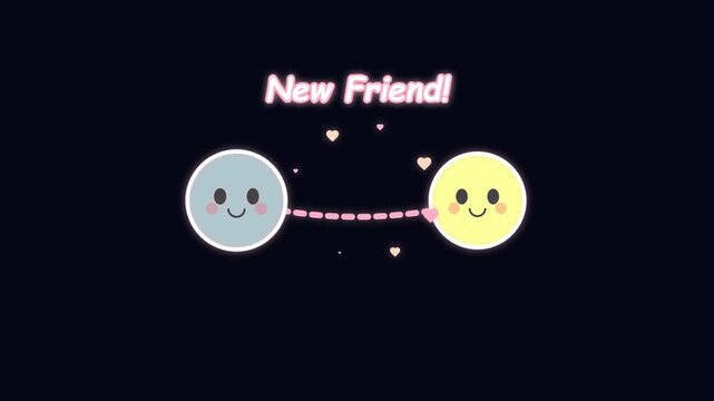 Cute Animated Characters Connecting with Floating Hearts and New Friend Text