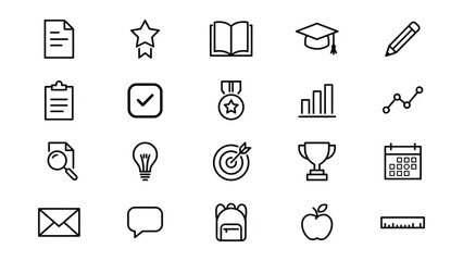 Fototapeta premium Collection of minimalist line icons representing education achievement business and productivity concepts on transparent background