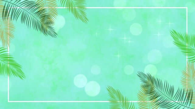 Green glowing frame background with tropical palm leaves and copy space.Summer abstract bokeh lights.Watercolor animation loop video.  ヤシ　自然　CG 動画　キラキラ　抽象的　フレーム　枠　爽やか　パーティクル　シンプル　おしゃれ　タイトル　観光　お中元