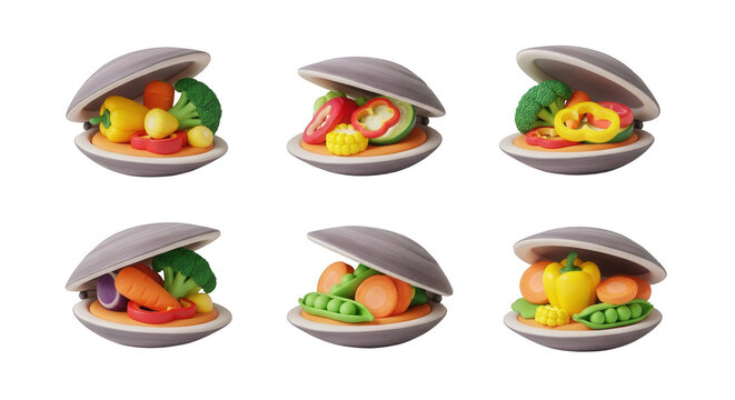 colorful clay vegetables in clamshells arranged on white background suggesting healthy eating food art projects