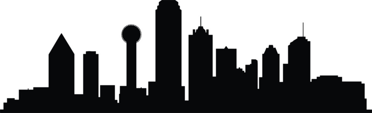 Black silhouette of the dallas city skyline featuring iconic skyscrapers and the reunion tower on a plain white background, for city branding