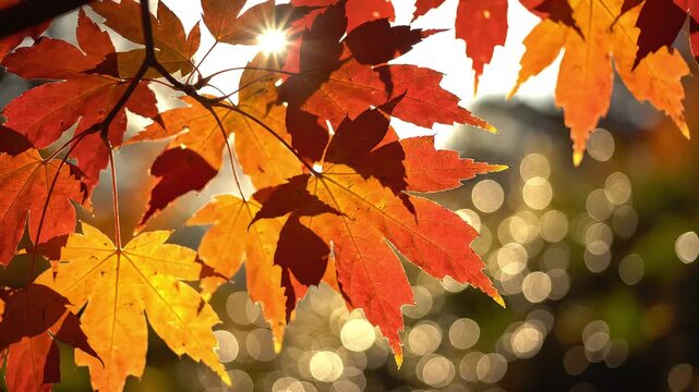 Autumn Maple Leaves Aglow: Vibrant autumn maple leaves, illuminated by the gentle rays of the sun, showcase a stunning spectrum of warm colors, from fiery red to golden yellow.