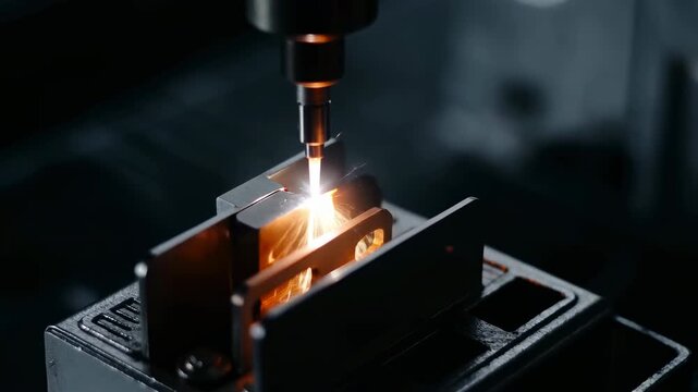 Precision metal cutting with cylindrical cutting head producing bright sparks over clamped steel workpiece in industrial workshop, highlighting heat, motion, and detailed surface texture