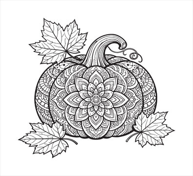 Mandala pumpkin with autumn leaves coloring page for adult therapy.
