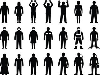 Collection of diverse human silhouette representing various professions, safety gear, and protective clothing on a white background © Badhon