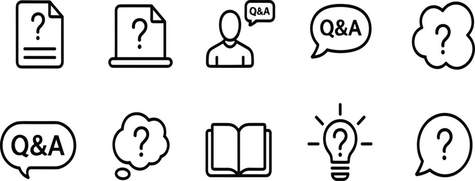 Collection of ten question and answer featuring speech bubbles, documents, light bulbs, and books in a simple black line style