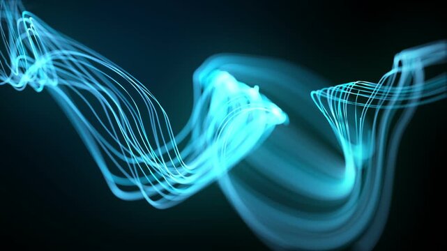 Long exposure light painting photography, curvy lines of vibrant neon ocean blue against a black background