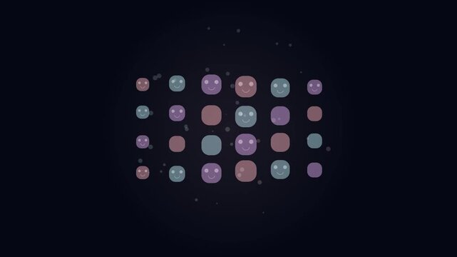 Animated glowing smiley face icons appearing on dark background