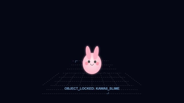 Animated Kawaii Pink Bunny Character Floating Above Digital Grid Base