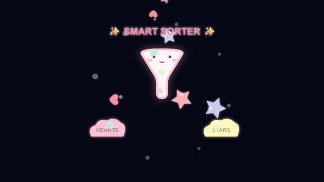 Cute animated funnel sorting colorful heart and star shapes for children