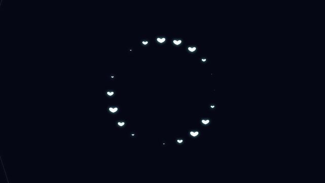 Abstract animation of rotating geometric pentagons and heart symbols