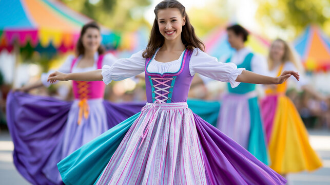 Smiling young woman dancing in colorful traditional dress at outdoor folk festival with performers, festive tents and vibrant cultural celebration