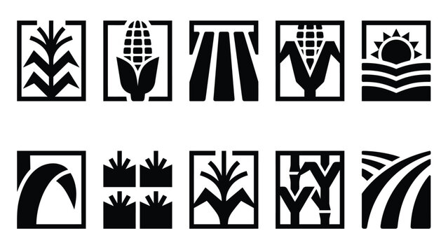 Set of black and white agricultural icons depicting corn fields farming and harvesting scenes.