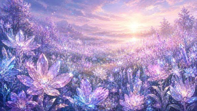 朝日に照らされて美しくきらめく一面のクリスタルの花畑と夜が明ける紫の空