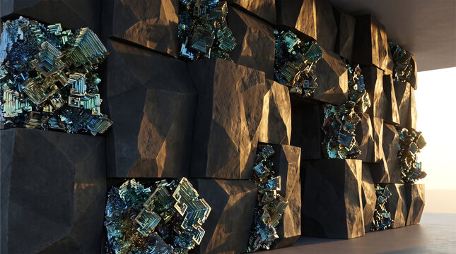 Abstract architectural background of interlocking dark matte faceted stone blocks and iridescent geometric bismuth crystals