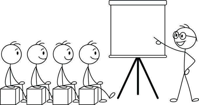 Stick figure of a teacher presenting information on a whiteboard to a group of students sitting on boxes in a classroom setting