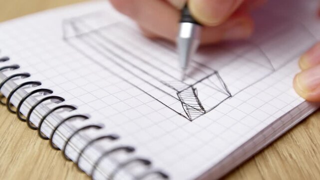 Close up shot of hand drawing geometric sketch with pen on spiral notepad. Person creating technical illustration on paper page.