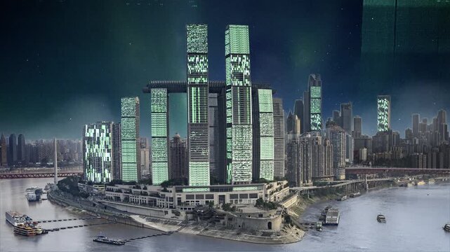 chongqing cyberpunk city with overlayed code and data on the buildings